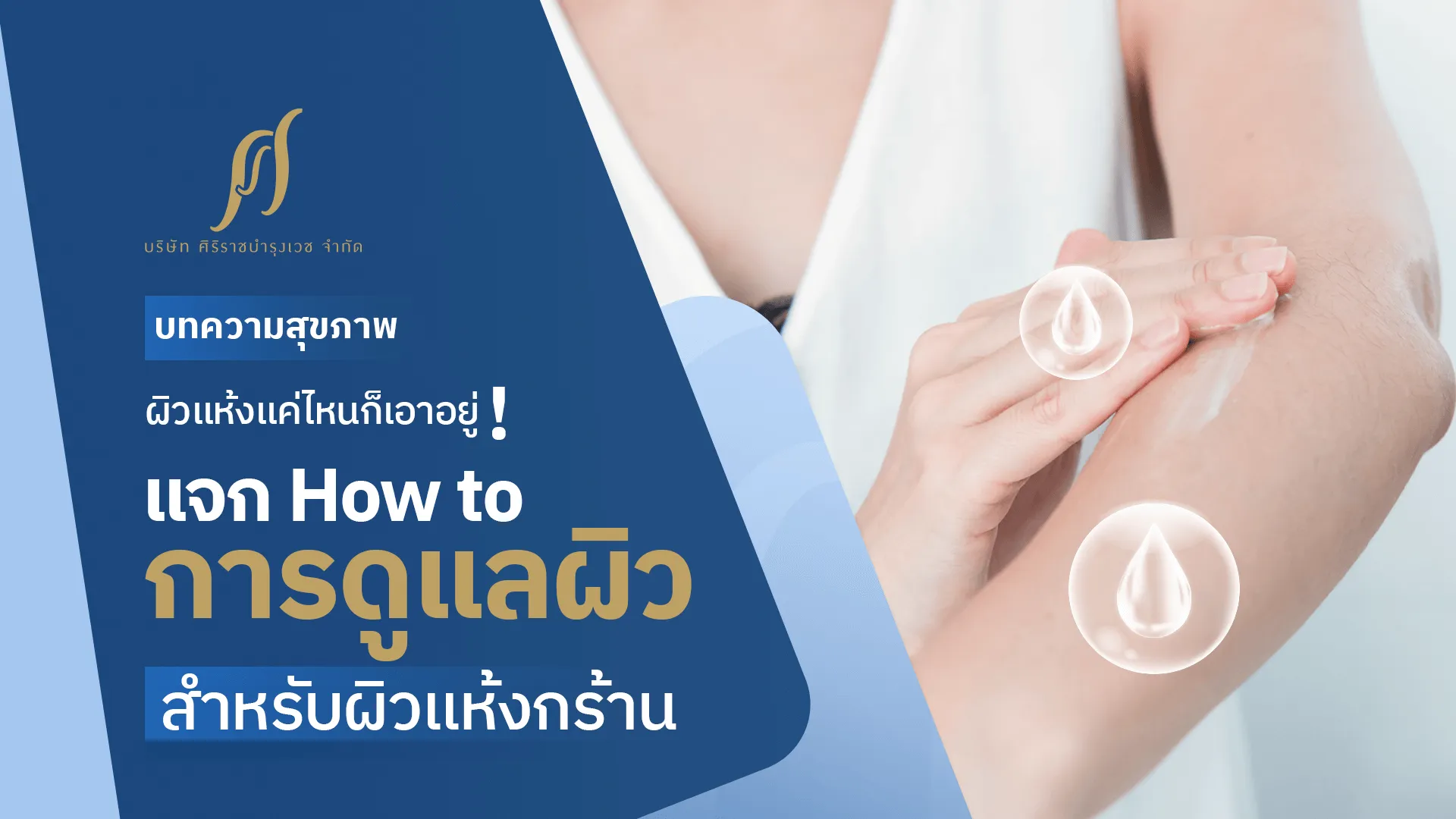 ผู้หญิงกำลังทาครีมบำรุงผิวอย่างอ่อนโยน เพื่อเติมเต็มความชุ่มชื้นให้กับผิวแห้งกร้าน พร้อมข้อความ “ผิวแห้งแค่ไหนก็เอาอยู่ แจก How to การดูแลผิว สำหรับผิวแห้งกร้าน”
