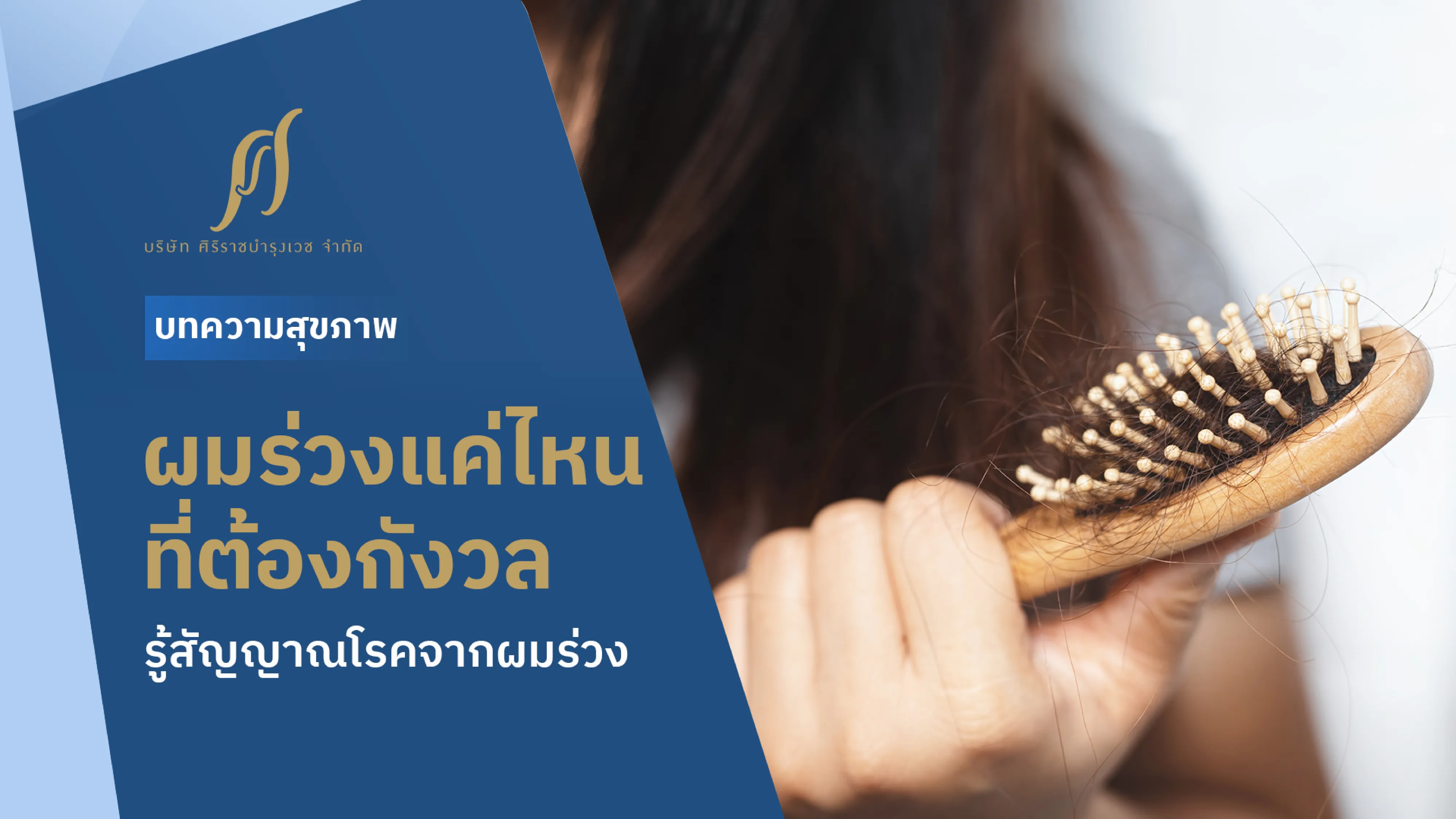 คนที่มีอาการผมร่วงเยอะมากกำลังถือหวีที่มีผมพันอยู่ ด้านข้างมี text “ผมร่วงแค่ไหนที่ต้องกังวล รู้สัญญาณโรคจากผมร่วง”